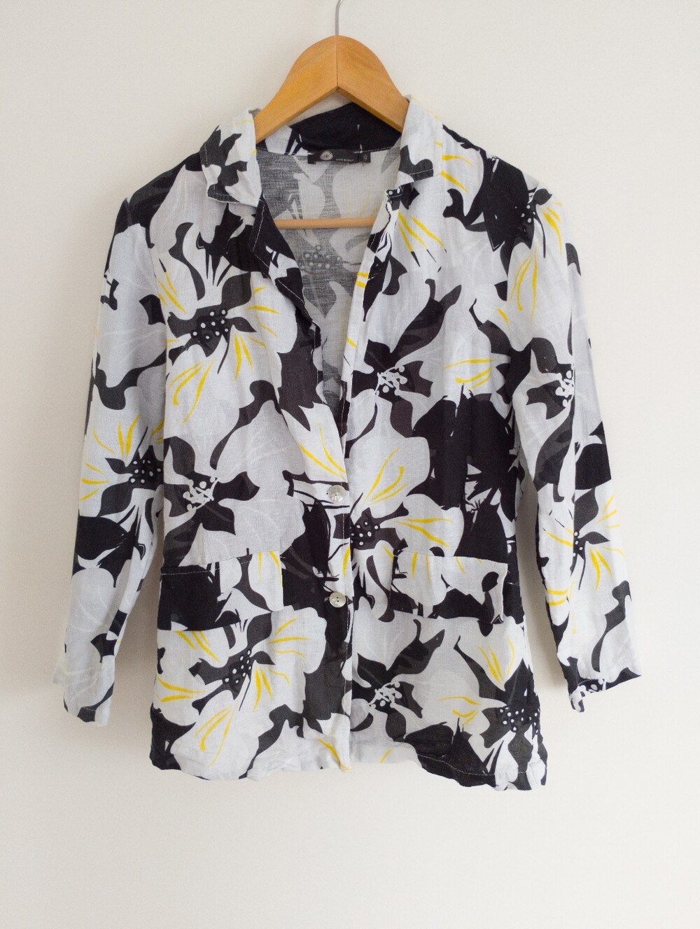 M Made in Italy Floral Linen Cotton Blazer Jacket Black Yellow XS
